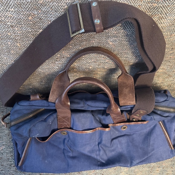 J. Fold Roadster Duffel Bag Blue Canvas Brown & Leather (Authentic Pre-Owned) - Picture 5 of 15